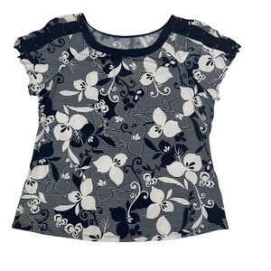 Women’s‎ Navy Floral Short Sleeve Top XL White Print Lace-Up Shoulder Detail